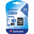 Memóriakártya, microSDXC, 64GB, CL10/U1, 90/10 MB/s, adapter, VERBATIM 