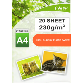 Fotópapír tintasugaras nyomtatókhoz, A4-es (~210*297mm), fényes felületű, gyorsan száradó, 230g/m², 20lap/csomag i-AICON (vastag, gyakori fizikai igénybe vételű fotókhoz) 