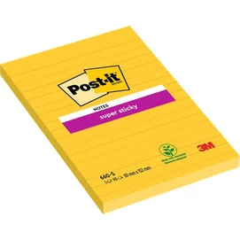 Öntapadó jegyzettömb, 102x152 mm, 90 lap, vonalas, 3M POSTIT &quot;Super Sticky&quot;, sárga