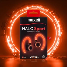Fülhallgató, vezeték nélküli, Bluetooth, mikrofonnal, LED-es fülhallgató, MAXELL &quot;Halo Sport&quot;, fekete