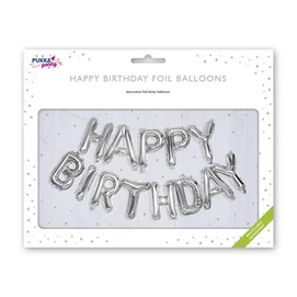 Léggömb, 40 cm, PUKKA PAD &quot;Happy Birthday&quot;, ezüst