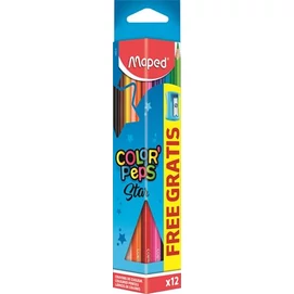 Színes ceruza készlet, háromszögletű, hegyezővel, MAPED &quot;Color`Peps Star&quot;, 12 különböző szín