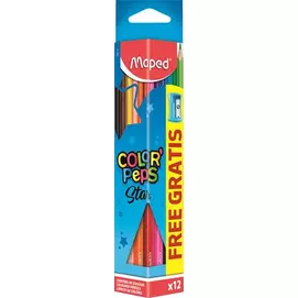 Színes ceruza készlet, háromszögletű, hegyezővel, MAPED "Color`Peps Star", 12 különböző szín