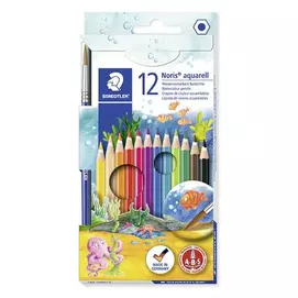 Akvarell ceruza készlet, hatszögletű, ecsettel, STAEDTLER &quot;Noris® aquarell 144 10&quot;, 12 különböző szín