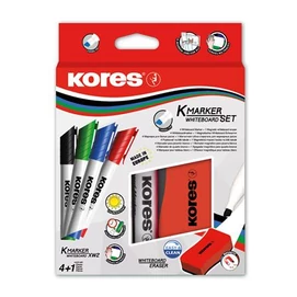 Tábla- és flipchart marker készlet mágneses táblatörlő szivaccsal, 3-5 mm, vágott, KORES &quot;XW2&quot;, 4 különböző szín