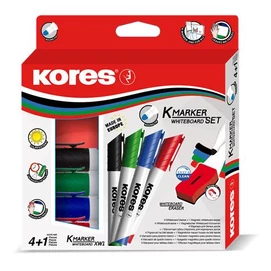 Tábla- és flipchart marker készlet mágneses táblatörlő szivaccsal, 3 mm, kúpos KORES &quot;XW1&quot;, 4 különböző szín