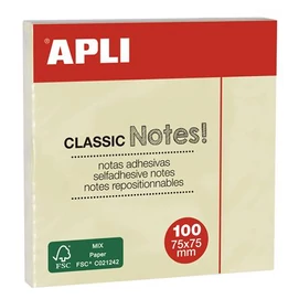 Öntapadó jegyzettömb, 75x75 mm, 100 lap, APLI &quot;Classic&quot;, sárga