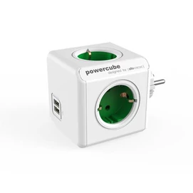 Elosztó, 4 aljzat, 2 USB csatlakozó, ALLOCACOC &quot;PowerCube Original USB DE&quot;, fehér-zöld