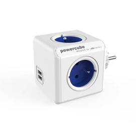Elosztó, 4 aljzat, 2 USB csatlakozó, ALLOCACOC &quot;PowerCube Original USB DE&quot;, fehér-kék
