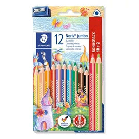 Színes ceruza készlet, háromszögletű, vastag, hegyezővel, STAEDTLER &quot;Noris® Jumbo 128&quot;, 10+2 különböző szín