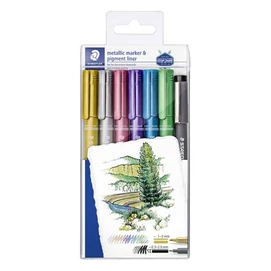 Dekormarker, 1-2 mm, kúpos, STAEDTLER &quot;8323&quot;, 6 különböző metál szín, ajándék fekete tusfilccel