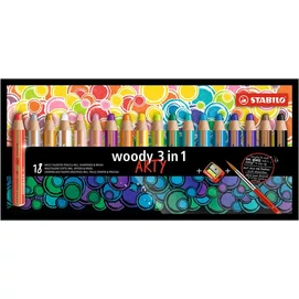 Színes ceruza készlet, kerek, vastag, STABILO &quot;Woody ARTY 3 in 1&quot;, 18 különböző szín