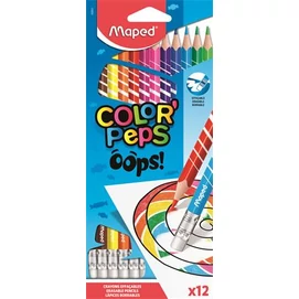 Színes ceruza készlet, háromszögletű, radírozható, MAPED &quot;Color`Peps Oops&quot;, 12 különböző szín