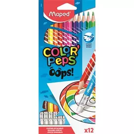 Színes ceruza készlet, háromszögletű, radírozható, MAPED "Color`Peps Oops", 12 különböző szín