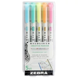 Szövegkiemelő készlet, 1,4/4,0 mm, kétvégű, ZEBRA &quot;Mildliner Fluorescent&quot;, 5 szín