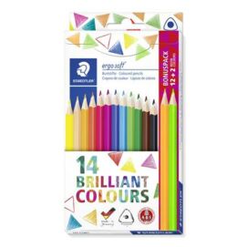 Színes ceruza készlet, háromszögletű, ajándék 2 db színes ceruzával, STAEDTLER "Ergo Soft", 14 különböző szín