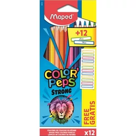 Színes ceruza készlet, háromszögletű, MAPED, &quot;Color`Peps Strong&quot; 12 különböző szín + 12 ajándék matrica