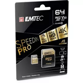 Memóriakártya, microSDXC, 64GB, UHS-I/U3/V30/A2, 100/95 MB/s, adapter, EMTEC &quot;SpeedIN&quot;