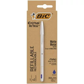 Golyóstoll 0,32 mm, kupakos, matt ezüst színű tolltest, BIC &quot;Cristal Re`New&quot;, kék + betét