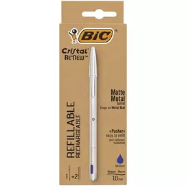 Golyóstoll 0,32 mm, kupakos, matt ezüst színű tolltest, BIC "Cristal Re`New", kék + betét