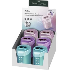 Hegyező, kétlyukú, tartályos, display, FABER-CASTELL &quot;RollOn Sparkle&quot;, metál színek