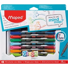 Tűfilc készlet, 0,4 mm, MAPED &quot;Graph`Peps - How to Mind Map Box&quot;, 8 különböző szín