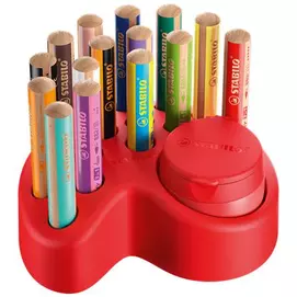 Színes ceruza készlet asztali tartóban, kerek, vastag, STABILO "Woody 3 in 1", 15 különböző szín, hegyezővel