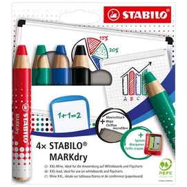 Táblaceruza készlet, fehértáblához, flipchartpapírhoz kúpos, STABILO &quot;MARKdry&quot;, 4 féle szín törlővel és hegyezővel