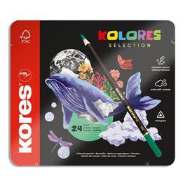 Színes ceruza készlet, háromszögletű, fém doboz, KORES "Kolores Selection", 24 különböző szín