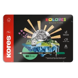 Színes ceruza készlet, háromszögletű, fém doboz, KORES &quot;Kolores Selection&quot;, 50 különböző szín