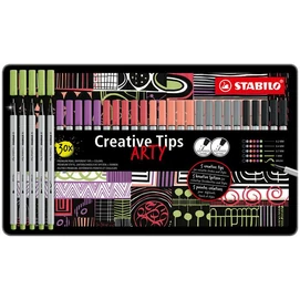 Tűfilc készlet, fém doboz, STABILO &quot;Creative Tips ARTY&quot;, 6 különböző pasztell szín, 5 különböző vastagság