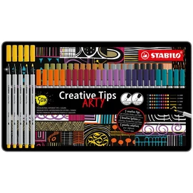 Tűfilc készlet, fém doboz, STABILO &quot;Creative Tips ARTY&quot;, 10 különböző szín, 5 különböző vastagság