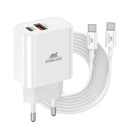 Hálózati töltő, 20W, USB-A és USB-C, USB-C, USB-C/USB-C töltőkábel, RIVACASE &quot;PS4102&quot;, fehér