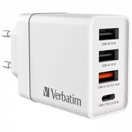 Hálózati töltő, 1xUSB-C PD (20W), USB-A QC 3.0, 2xUSB-A (10W), VERBATIM, fehér