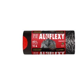 Szemeteszsák, zárószalagos, 60 l, 10 db, 64x69 cm, 33 µ, ALUFIX &quot;Aluflexy&quot;, fekete