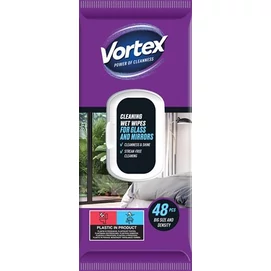 Nedves törlőkendő, üveg- és tükör felületre, visszazárható tetővel, 48 db, VORTEX