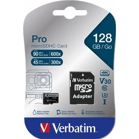 Memóriakártya, microSDXC, 128GB, CL10/U3, 90/45 MB/s, adapter, VERBATIM &quot;PRO&quot;