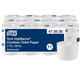 Toalettpapír, belsőmag nélküli, T7 rendszer, 2 rétegű, 13,1 cm átmérő, Advanced, TORK &quot;OptiServe&quot;, fehér