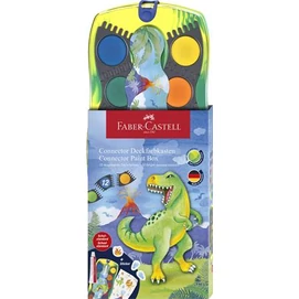 Vízfesték, 12 darabos, összeilleszthető, FABER-CASTELL &quot;Dinoszaurusz&quot;+1 tubus fehér tempera + dinoszaurusz matrica