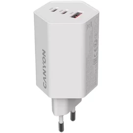 Hálózati töltő, 1xUSB-A, 2xUSB-C, 65W, CANYON &quot;Hexagon 65&quot;, fehér