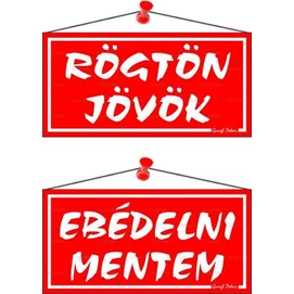 Információs tábla, 20x10,5 cm, kétoldalas, &quot;Rögtön jövök/Ebédelni mentem&quot;, piros