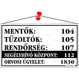 Információs tábla, 22,5x12,5 cm, &quot;Mentők tűzoltók, rendőrség telefonszámok&quot;, fehér