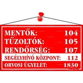 Információs tábla, 22,5x12,5 cm, &quot;Mentők tűzoltók, rendőrség telefonszámok&quot;, piros