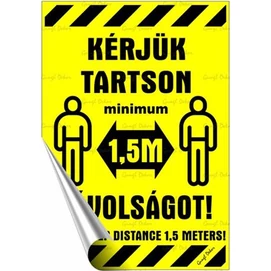 Információs matrica, 11,6x16,6 cm, kétnyelvű, &quot;Kérjük tartson mininum 1,5 m távolságot!&quot;
