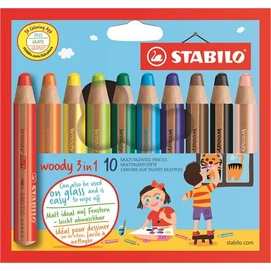Színes ceruza készlet, kerek, vastag, STABILO &quot;Woody 3 in 1&quot;, 10 különböző szín