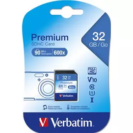Memóriakártya, SDHC, 32GB, CL10/U1, 90/10 MB/s, VERBATIM &quot;Premium&quot;