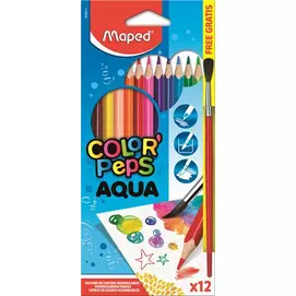 Akvarell ceruza készlet, háromszögletű, ecsettel, MAPED &quot;Color`Peps&quot;, 12 különböző szín