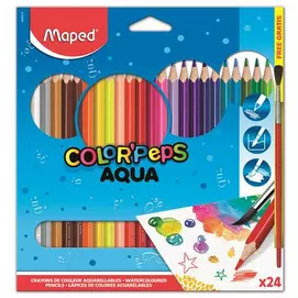 Akvarell ceruza készlet, háromszögletű, ecsettel, MAPED &quot;Color`Peps&quot;, 24 különböző szín