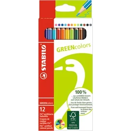 Színes ceruza készlet, hatszögletű, STABILO &quot;GreenColors&quot;, 12 különböző szín
