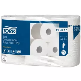 Toalettpapír, T4 rendszer, 3 rétegű, 12 cm átmérő, Premium, TORK "Soft", fehér